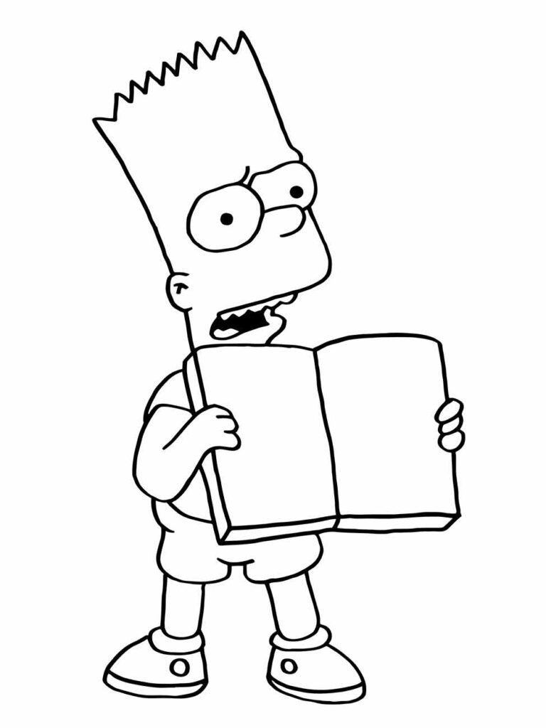 Desenho do Bart simpson para colorir segurando um livro aberto.