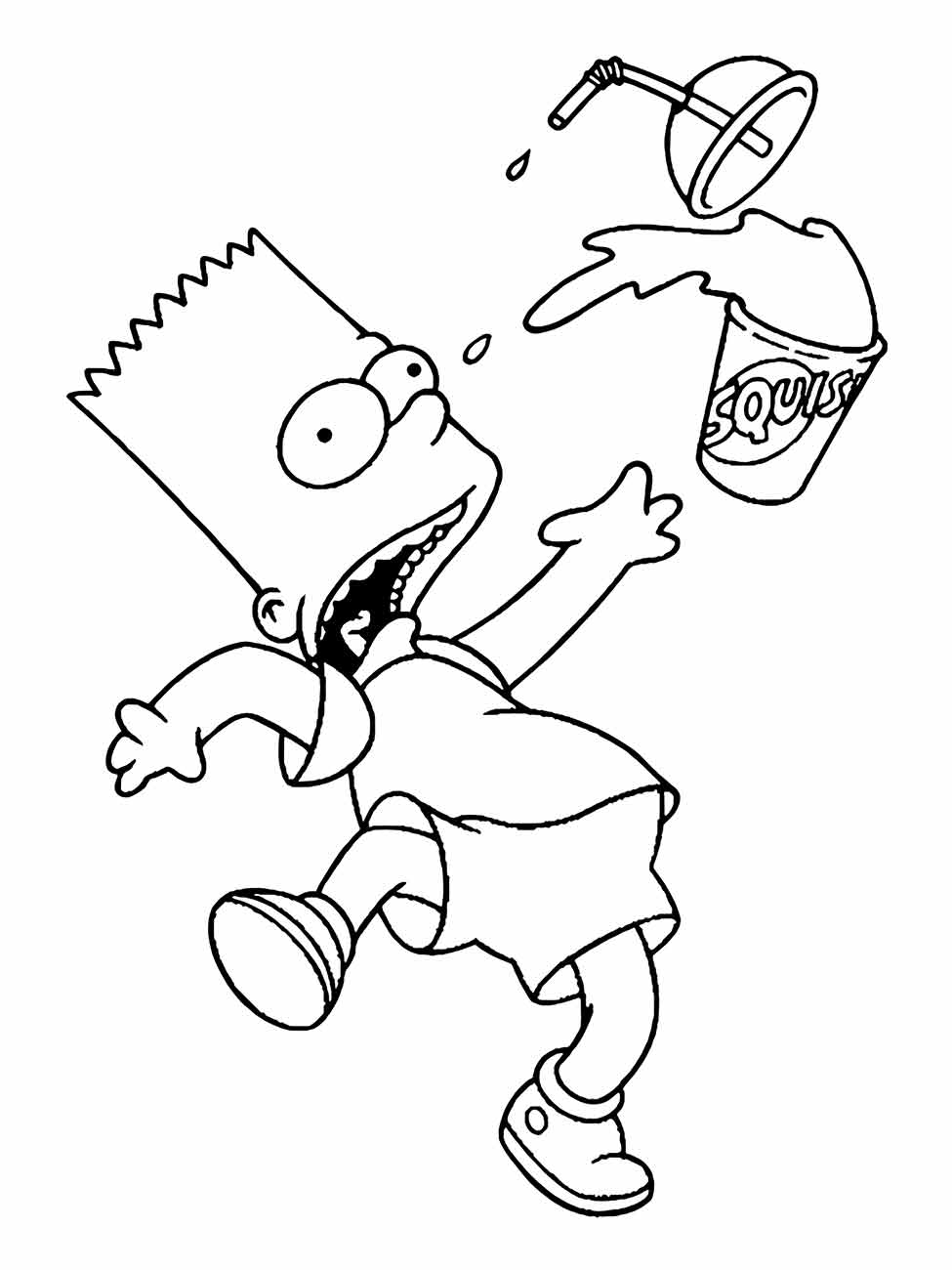 Bart simpsons para colorir sendo atingido por um milk-shake.