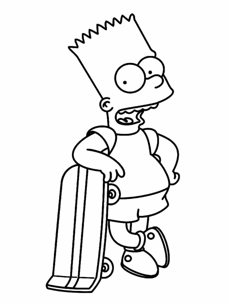 Desenho para colorir Bart simpson com um skate ao lado.