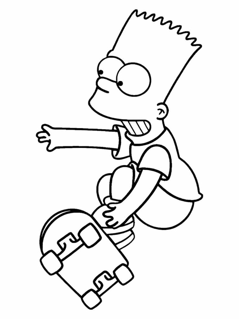 Desenho para colorir Bart simpsons no ar, fazendo manobra com skate.