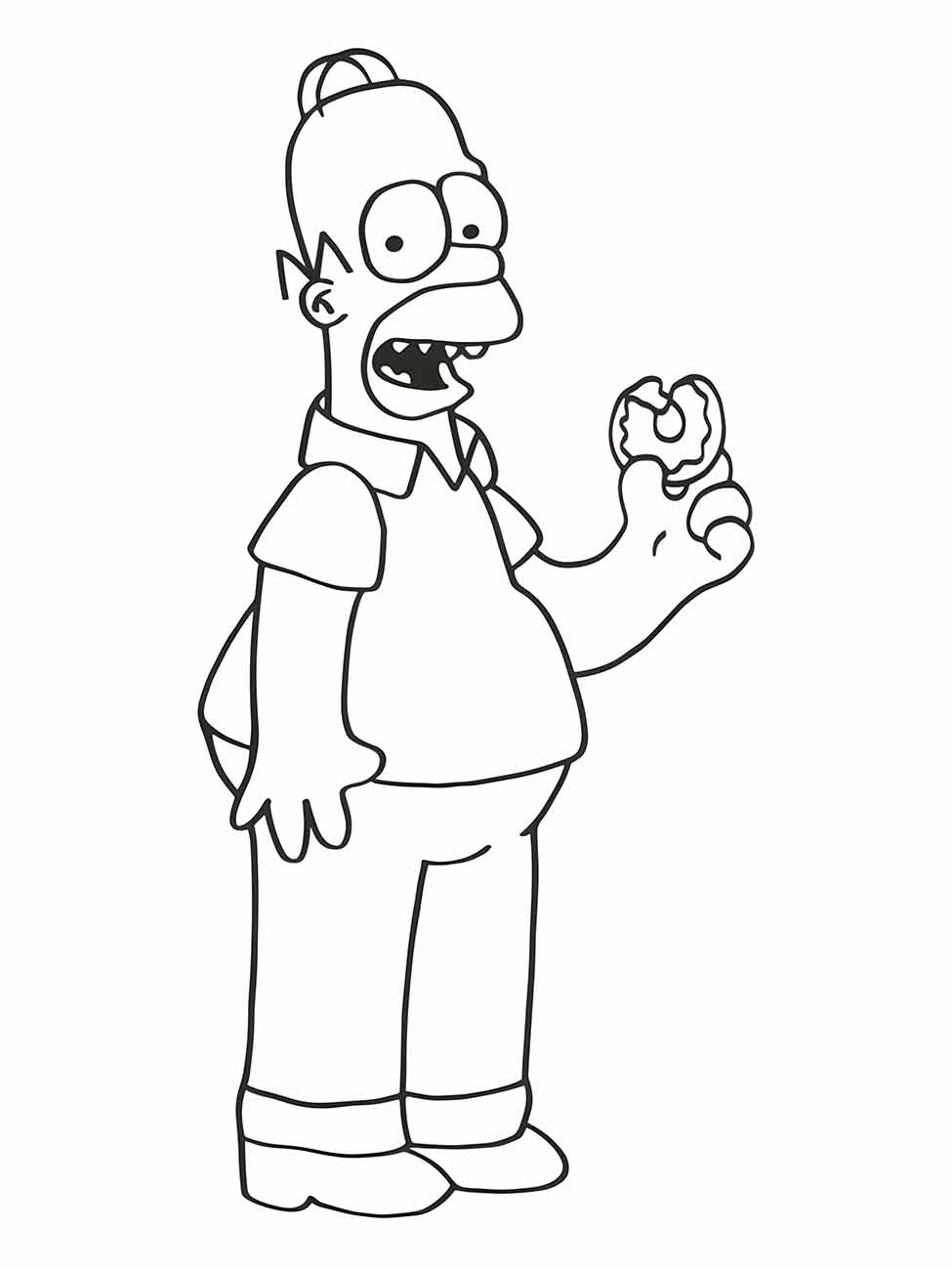 Desenho para colorir Homer simpsons com um donut mordido na mão.