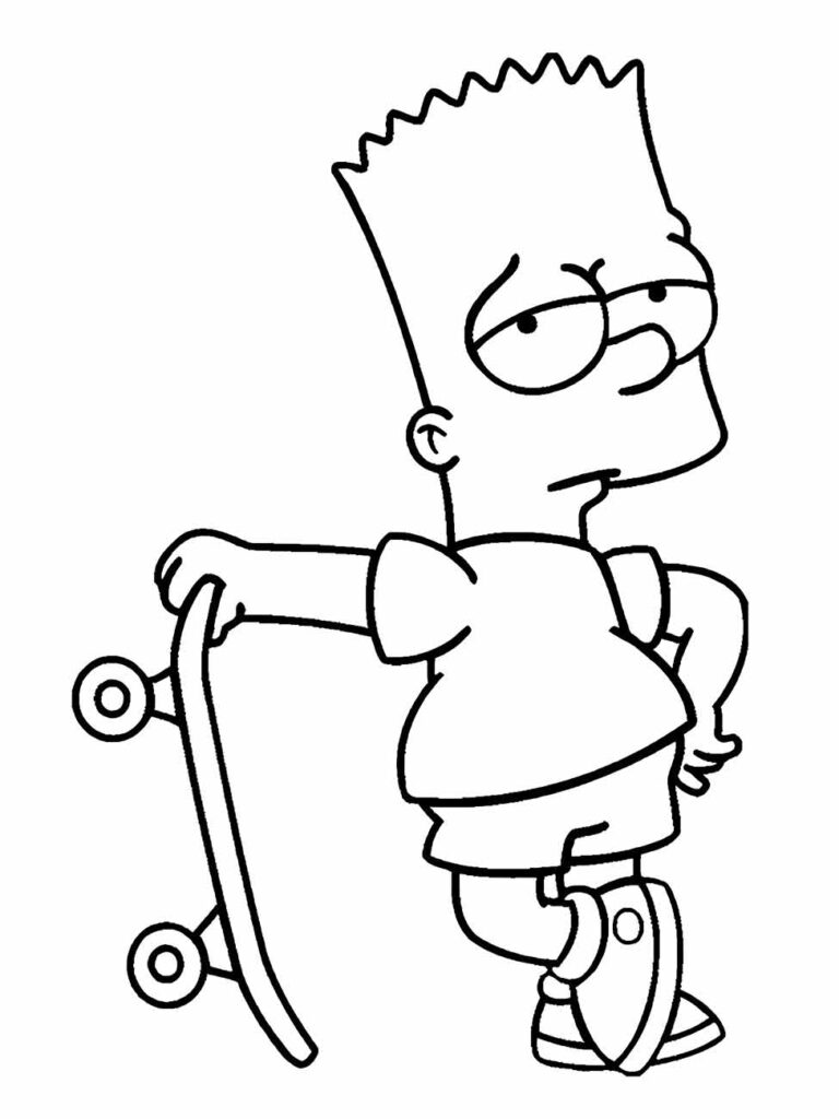 Desenho para colorir Bart simpsons de costas, segurando um skate.