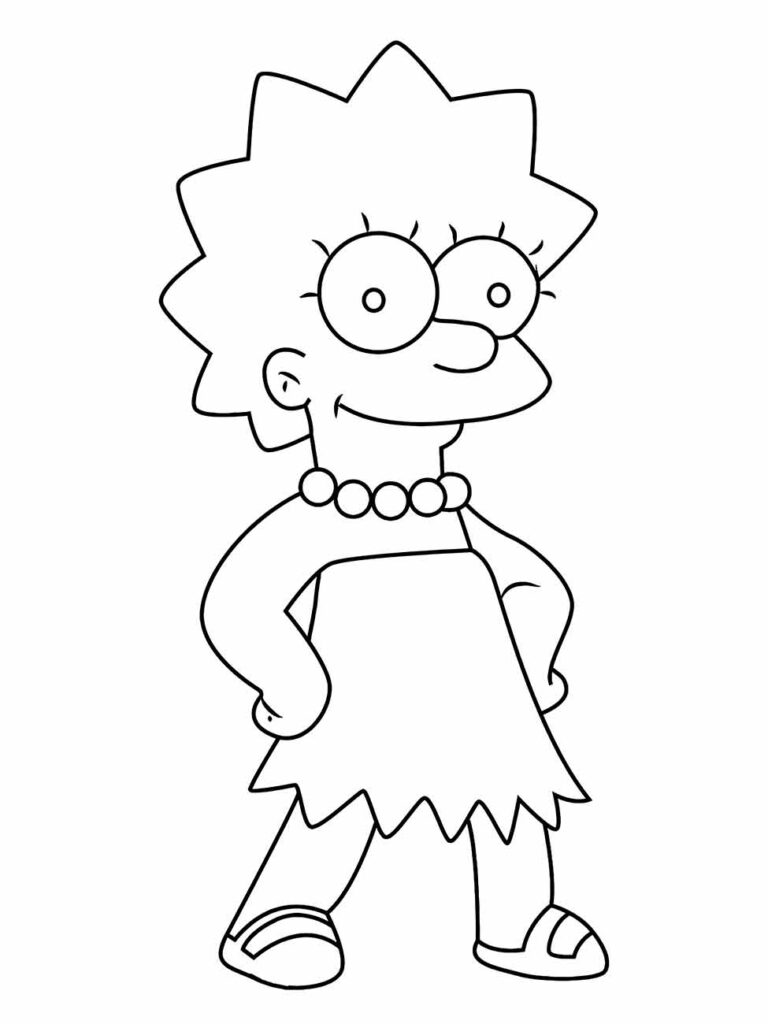 Desenho para colorir Lisa simpsons de pé, com as mãos na cintura.