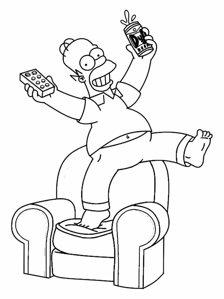 Desenho para colorir Homer simpsons com uma lata de refrigerante e controle remoto, em cima de uma poltrona.