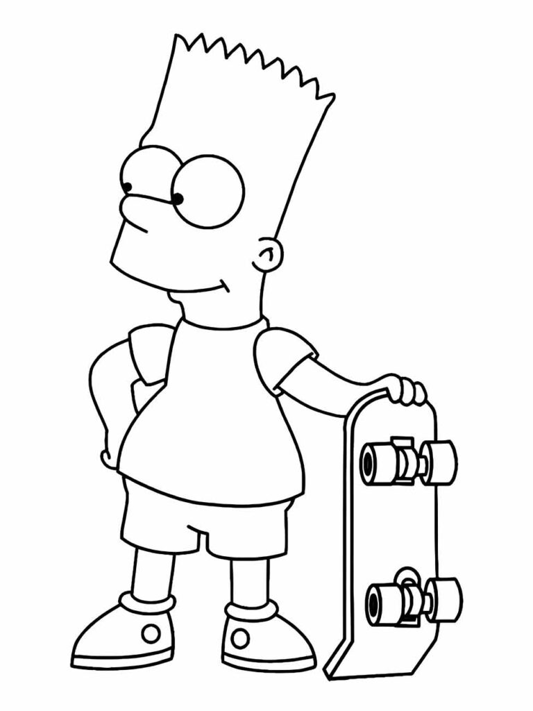 Desenho para colorir Bart simpsons parado com as mãos na cintura ao lado do skate.