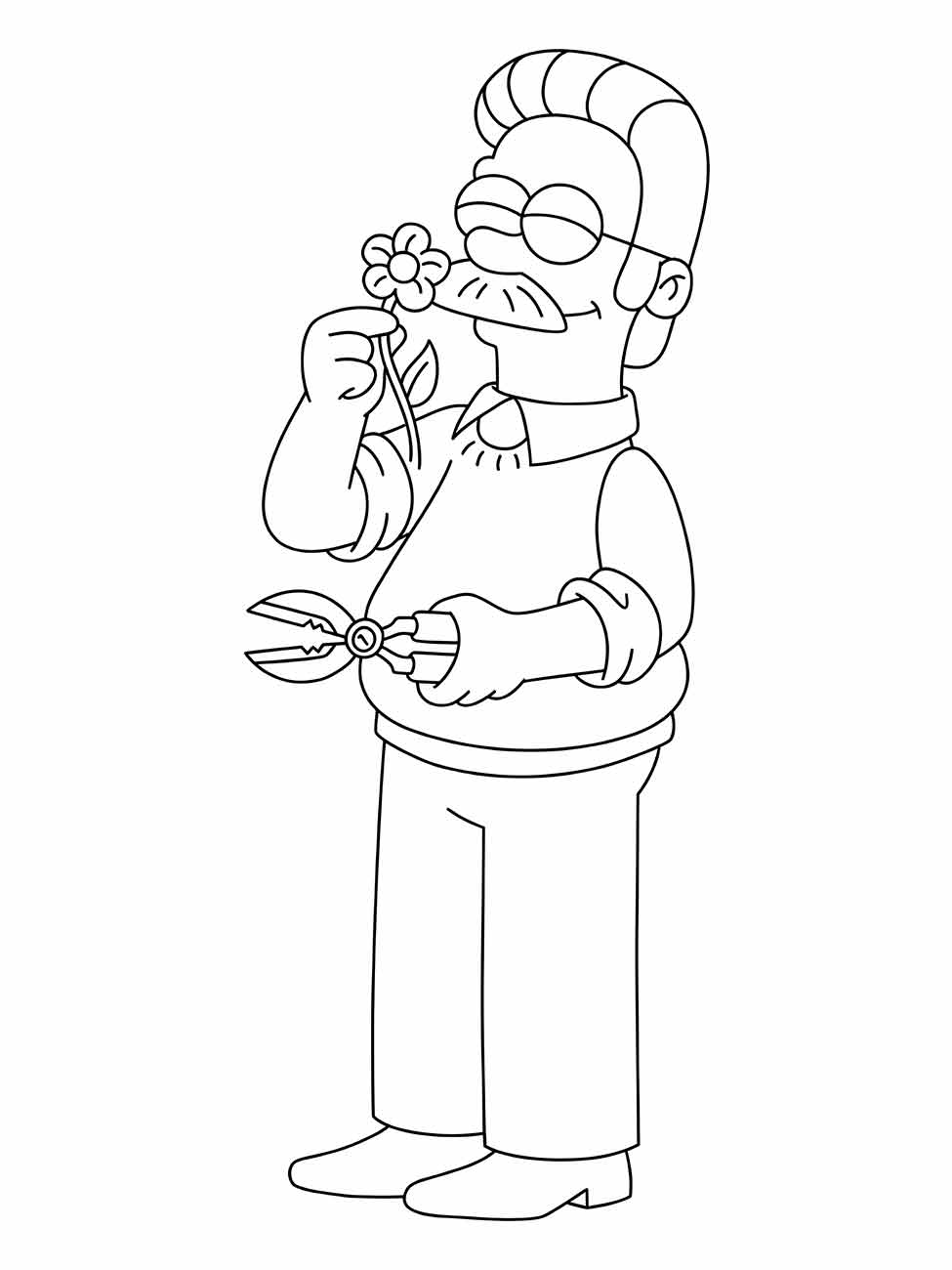 Desenho para colorir de Ned Flanders do simpsons com uma flor.