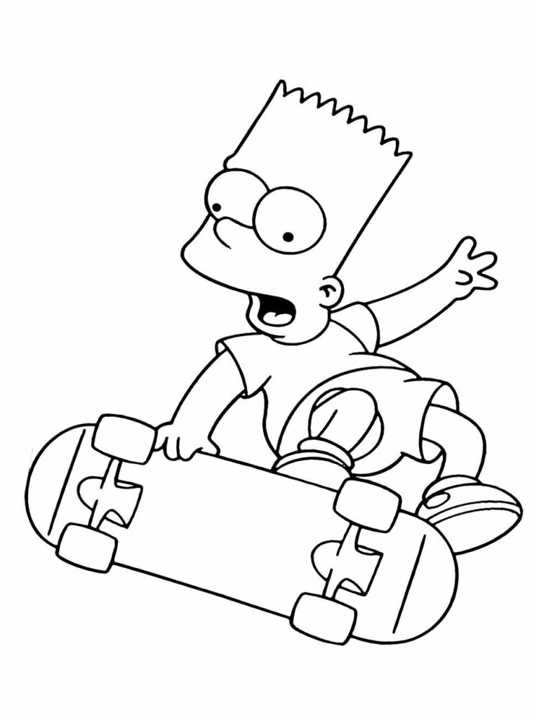 Desenho para colorir Bart Simpson fazendo manobra no skate.