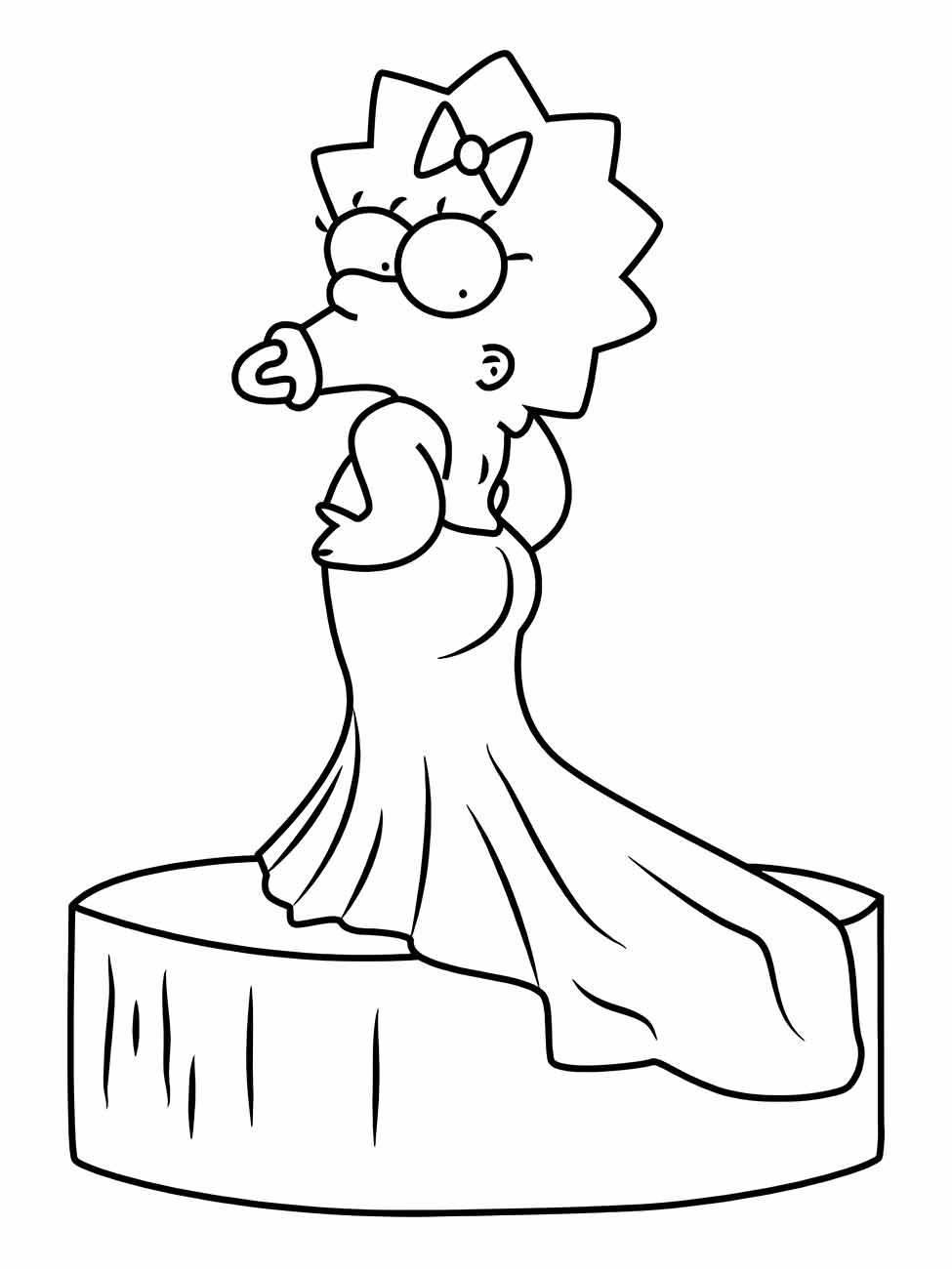 Desenho para colorir de Lisa Simpson vestida de noiva em cima de um bolo.