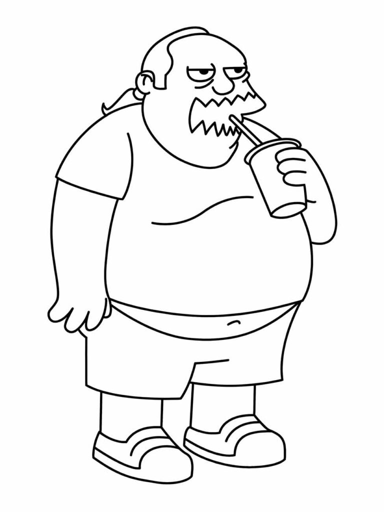 Desenho para colorir do personagem Comic Book Guy dos Simpsons bebendo um refrigerante.