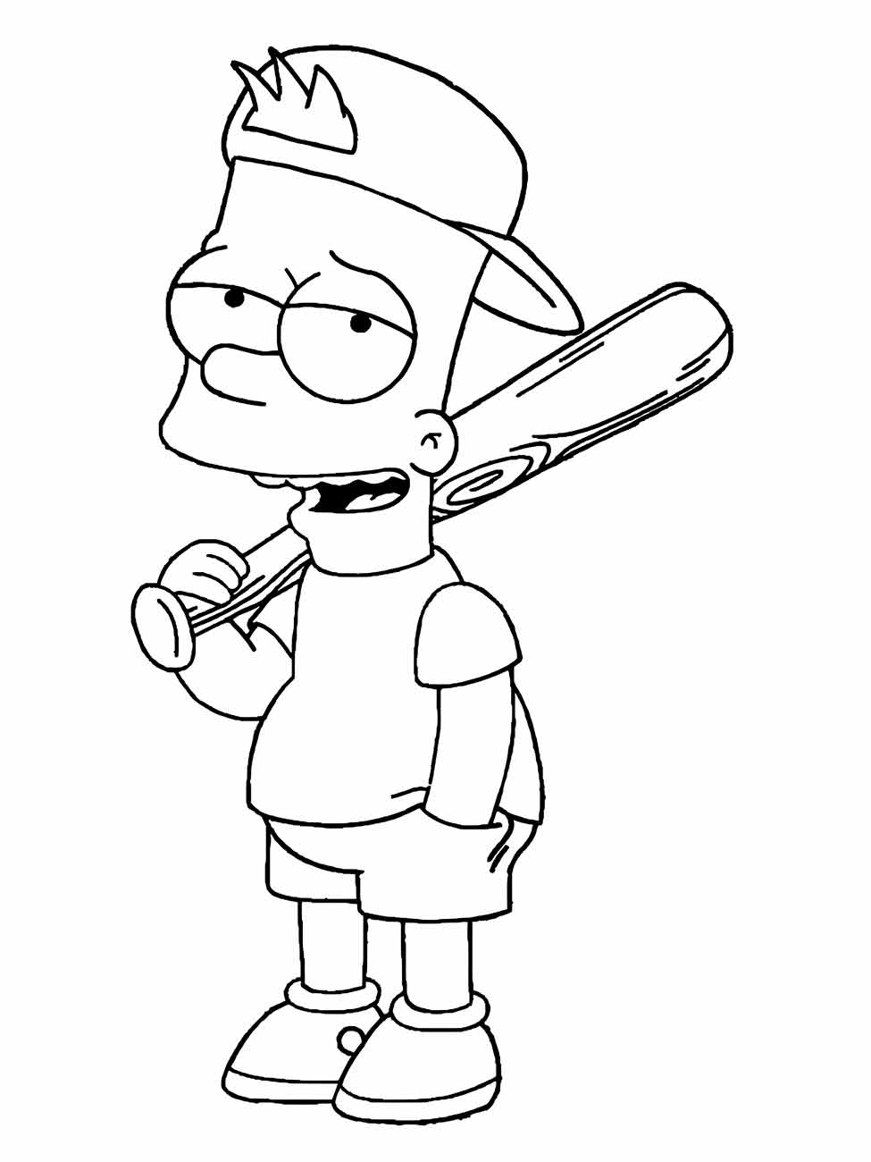 Desenho para colorir Bart Simpson com taco de beisebol.