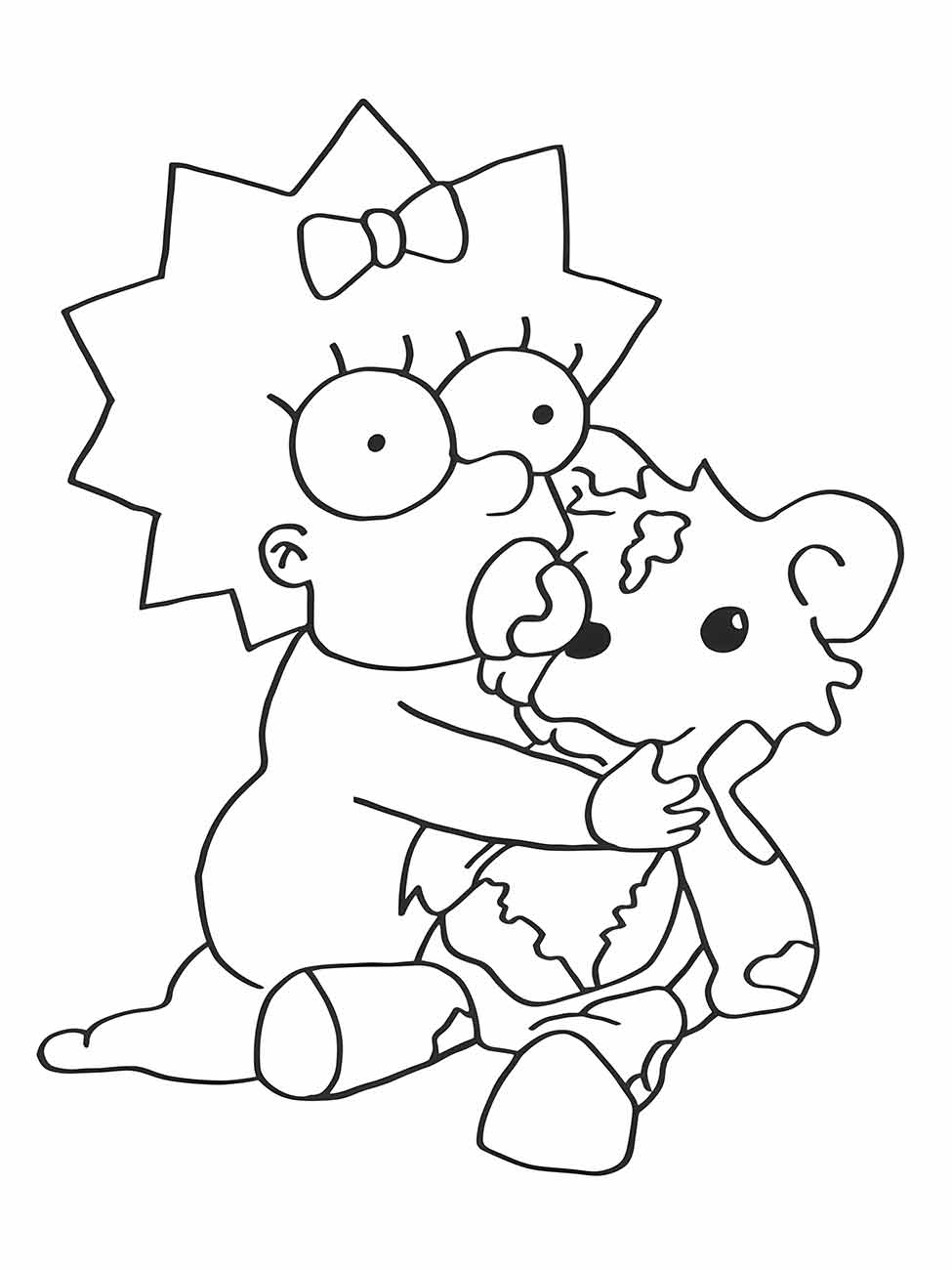 Desenho para colorir da Maggie Simpson com ursinho.