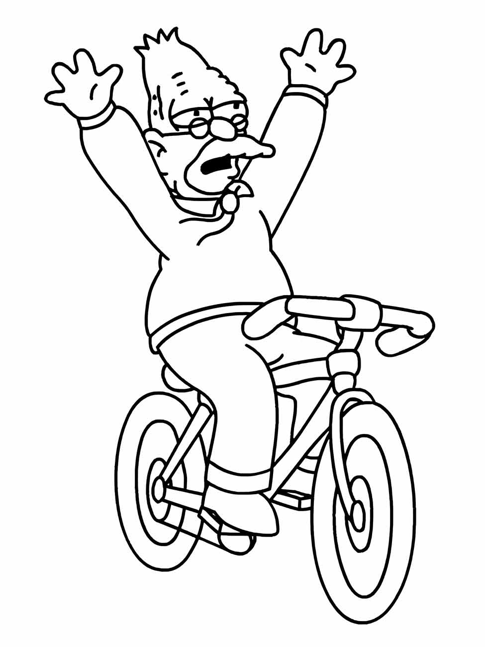 Desenho para colorir do Vovô Simpson andando de bicicleta.