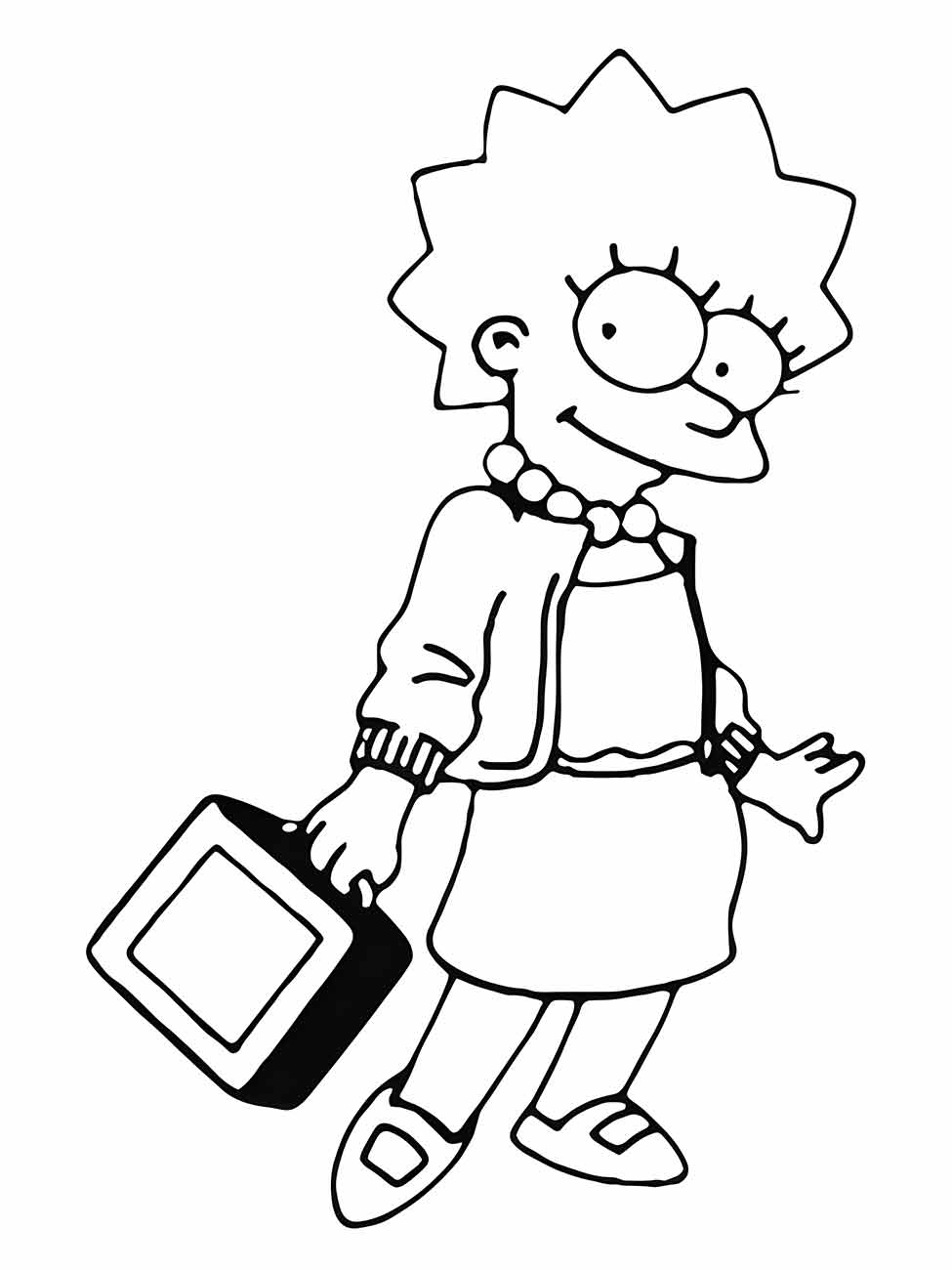 Desenho para colorir Lisa Simpson com maleta escolar.