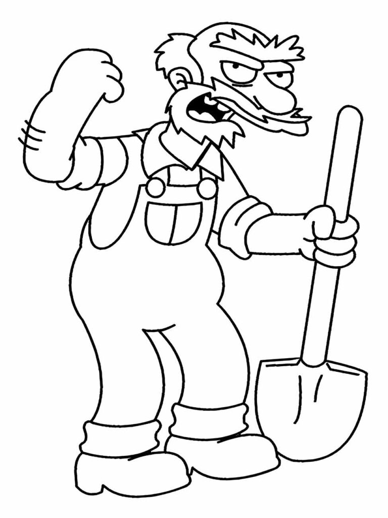 Desenho para colorir do Zelador Willie com uma pá.