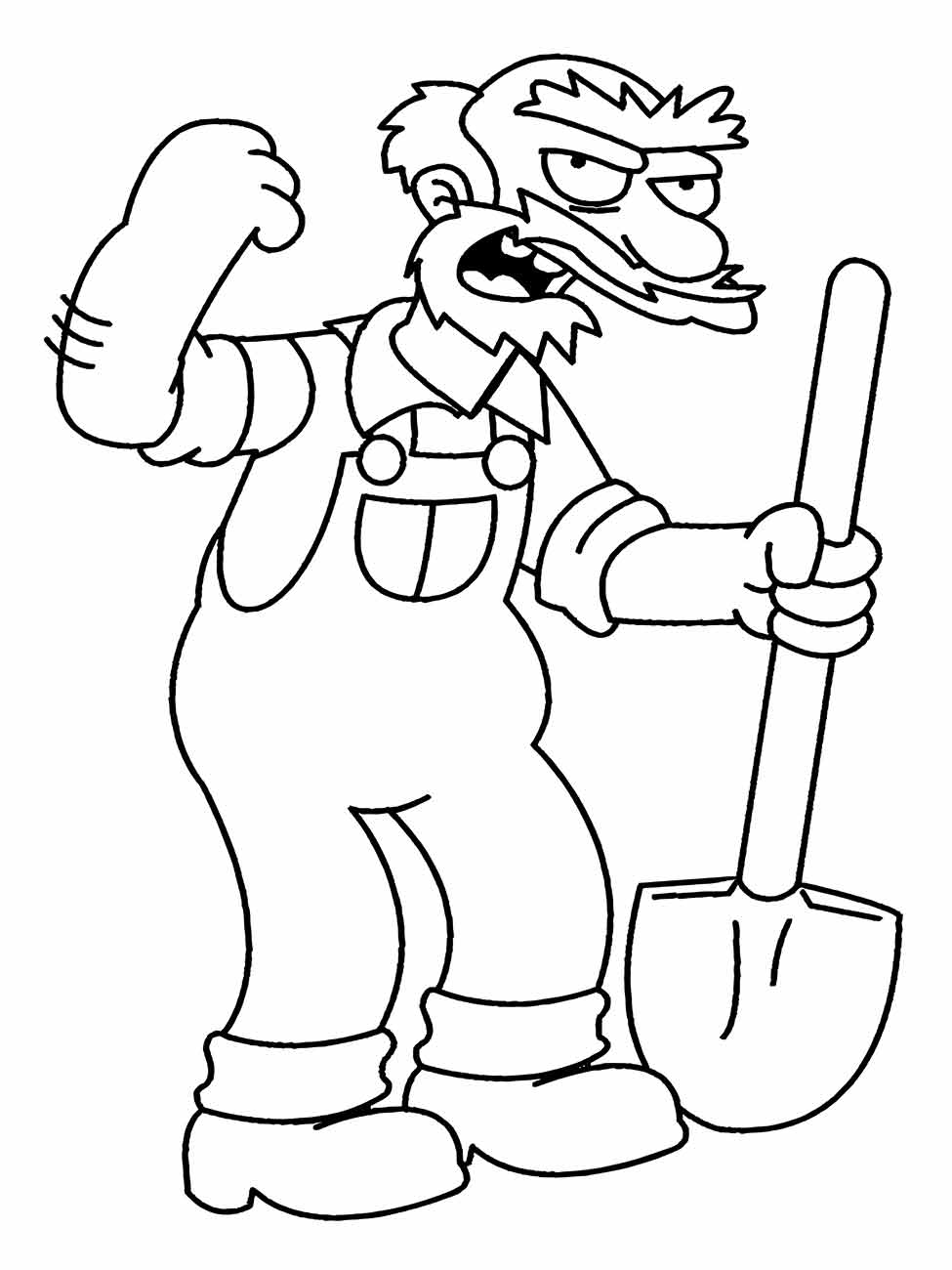 Desenho para colorir do Zelador Willie com uma pá.