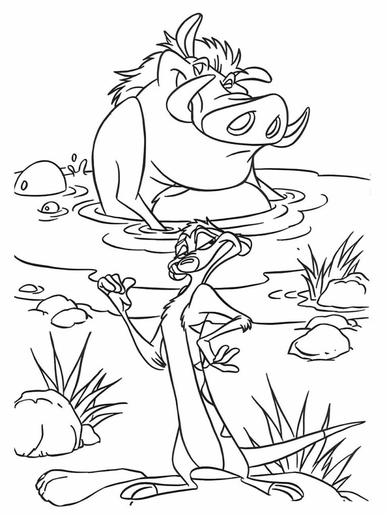 Desenho para colorir de Timão e Pumba na lama.