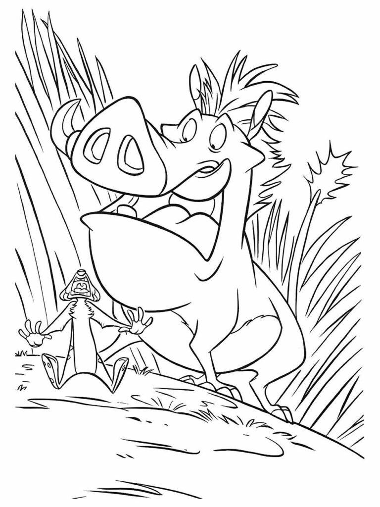 Desenho para colorir de Pumba feliz com Timão expressivo ao lado.