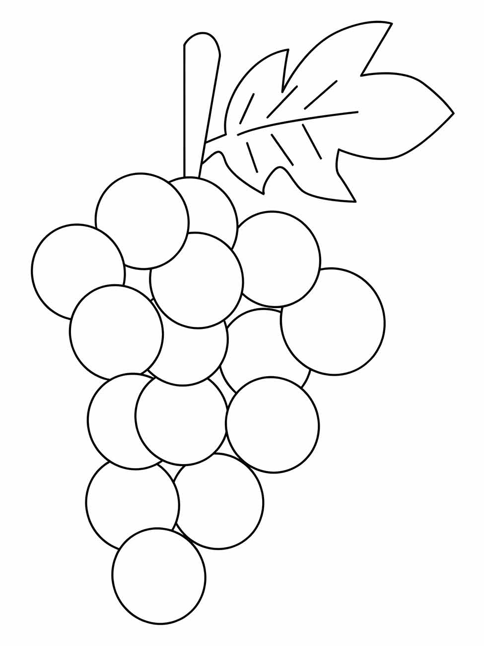 Desenho para colorir de um cacho de uvas simples com uma única folha detalhada.