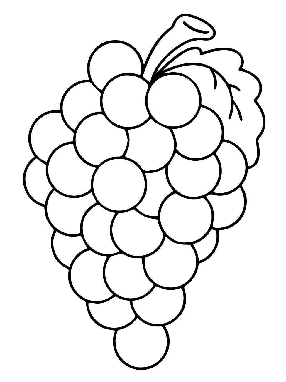 Desenho para imprimir e colorir de um cacho de uvas denso com uma pequena folha no topo.