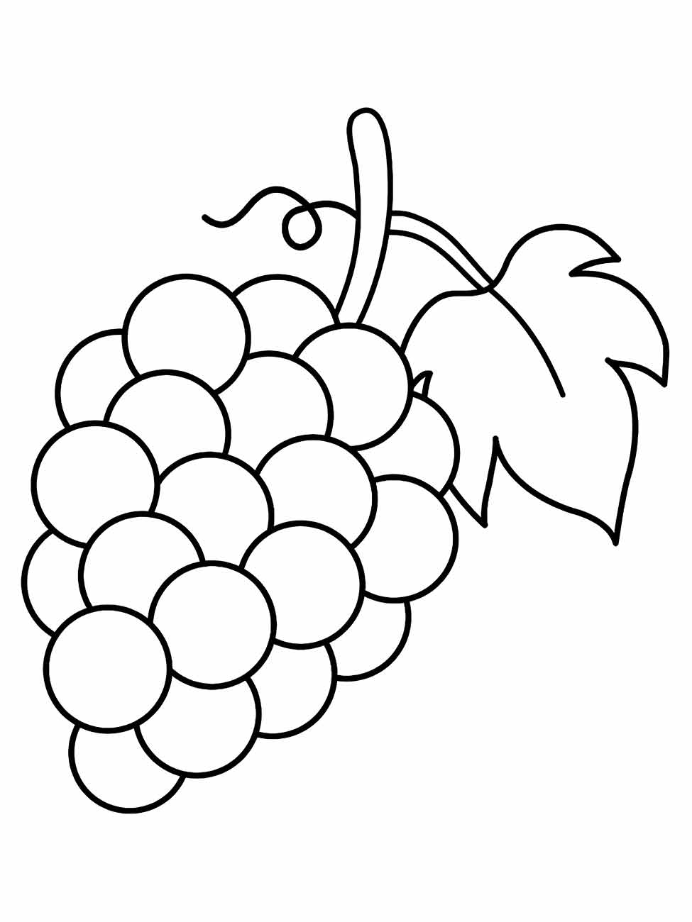 Imagem para colorir de um cacho de uvas com uma folha estilizada e linhas curvas.