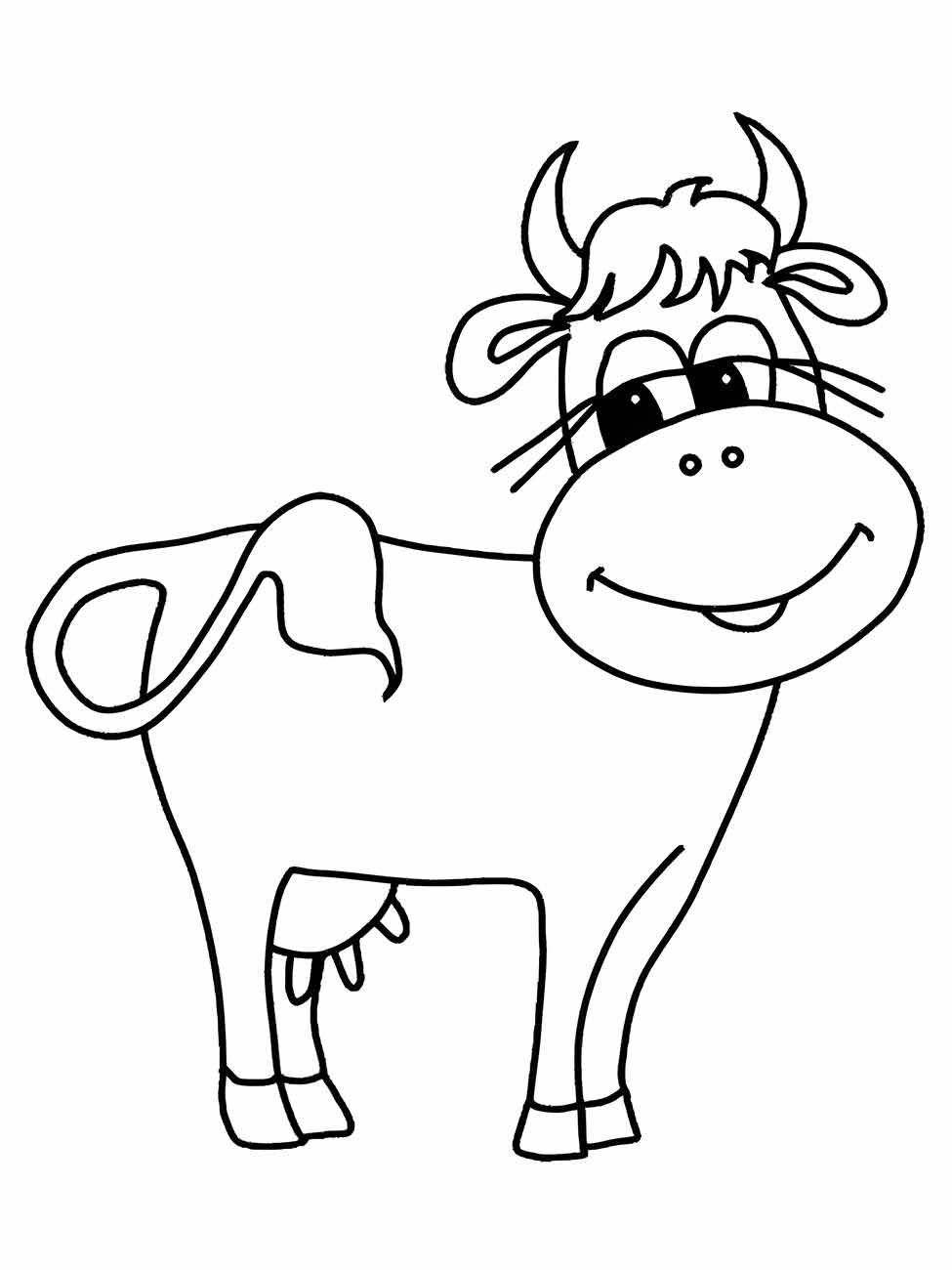 Desenho para colorir de uma vaca sorridente com grandes chifres