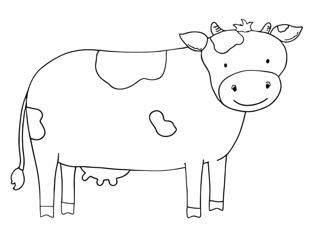 Desenho para colorir de uma vaca simpática com pequenas manchas e uma expressão feliz.