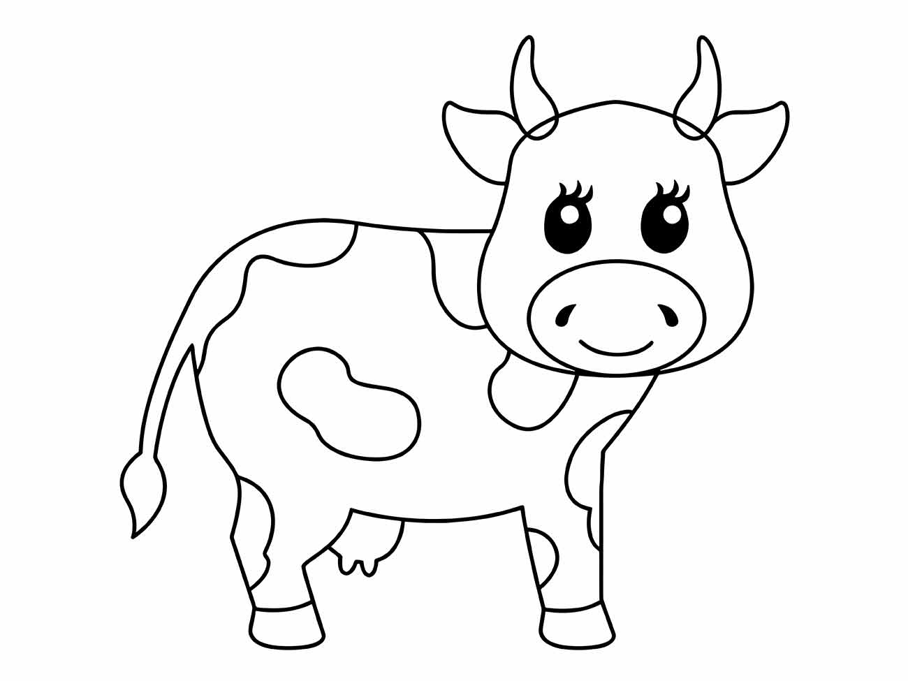 Desenho para colorir de uma vaca com expressão amigável.