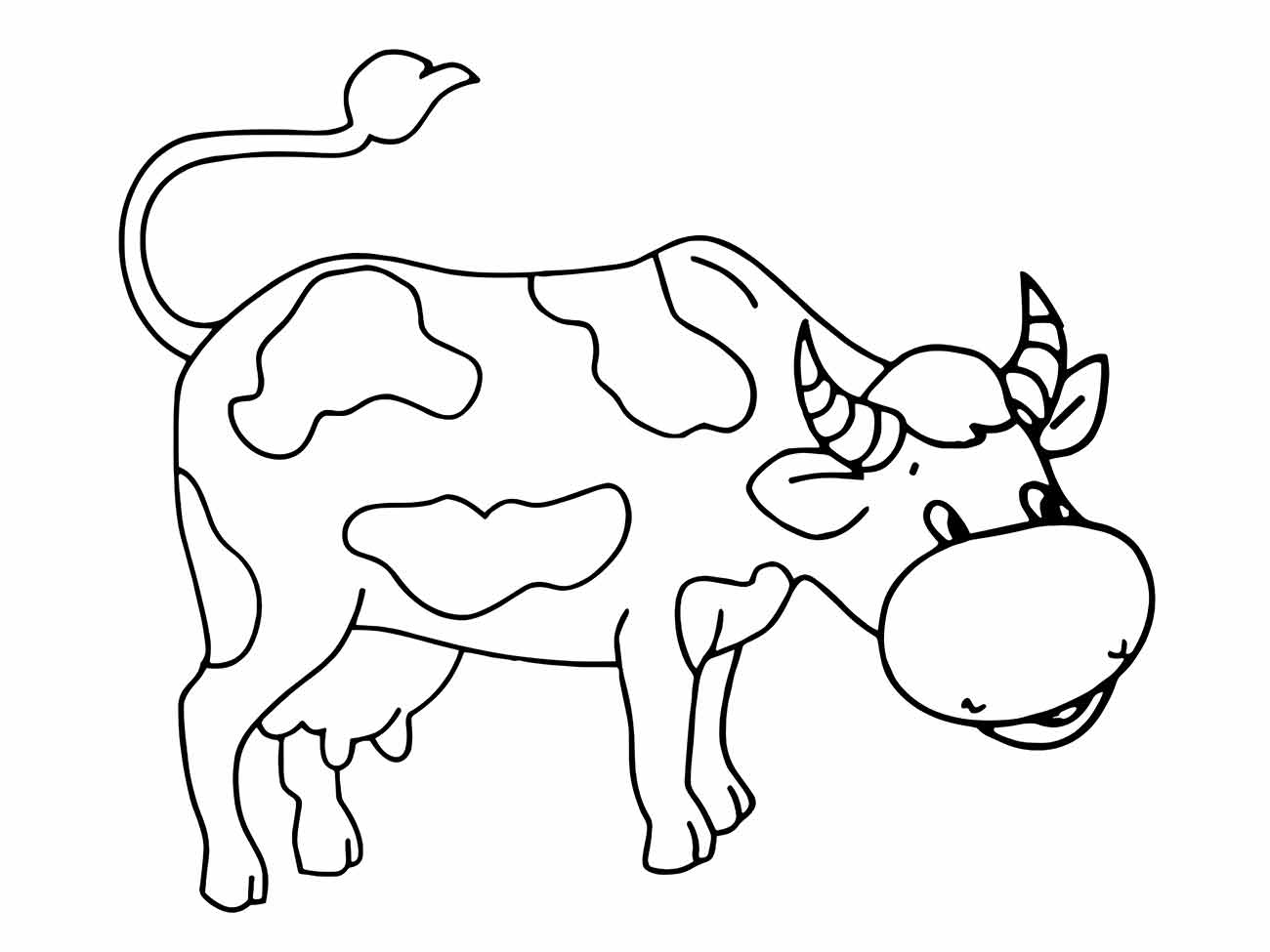 Desenho para colorir de uma vaca caricata com grandes olhos.