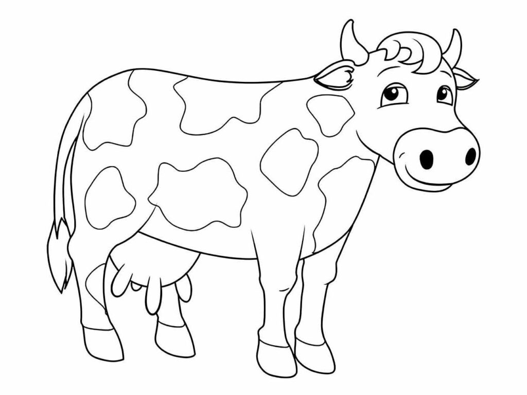 Desenho para colorir de uma vaca alegre com manchas irregulares, pronta para ser pintada.