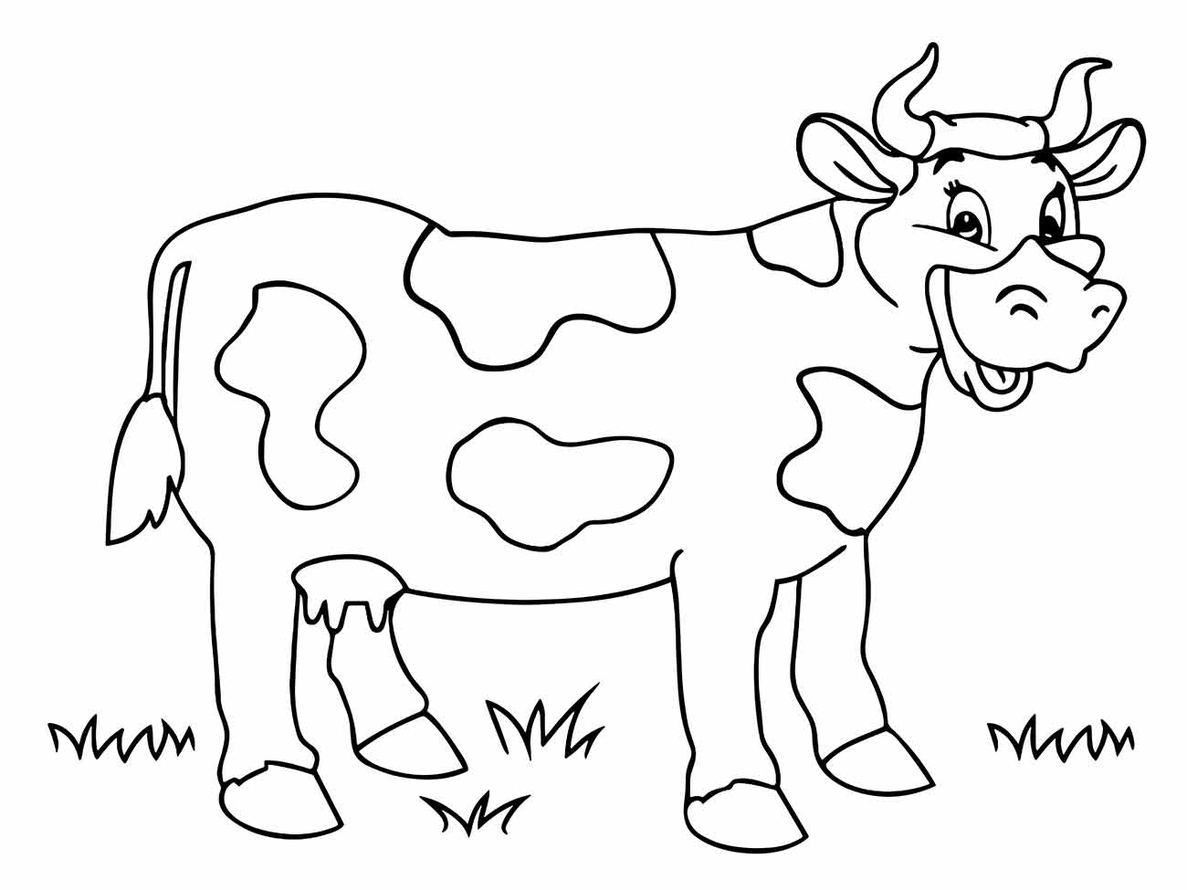 Desenho para colorir de uma vaca sorridente em pé na grama.