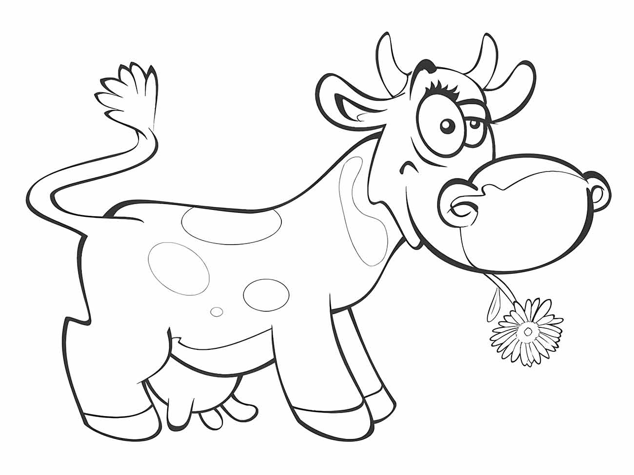 Desenho de vaca caricata para colorir, com uma flor na boca.