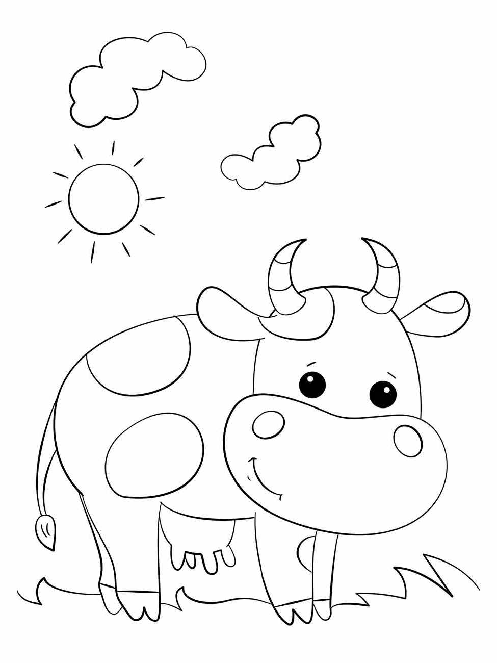 Desenho para colorir de uma vaca com sol e nuvens ao fundo.