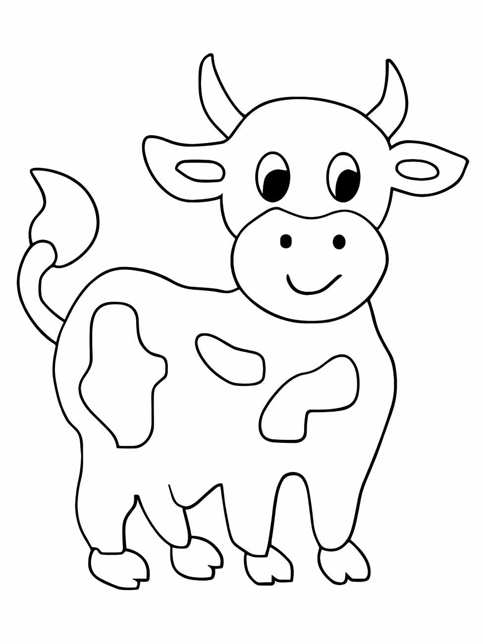 Desenho para colorir de uma vaca sorridente e simpática.