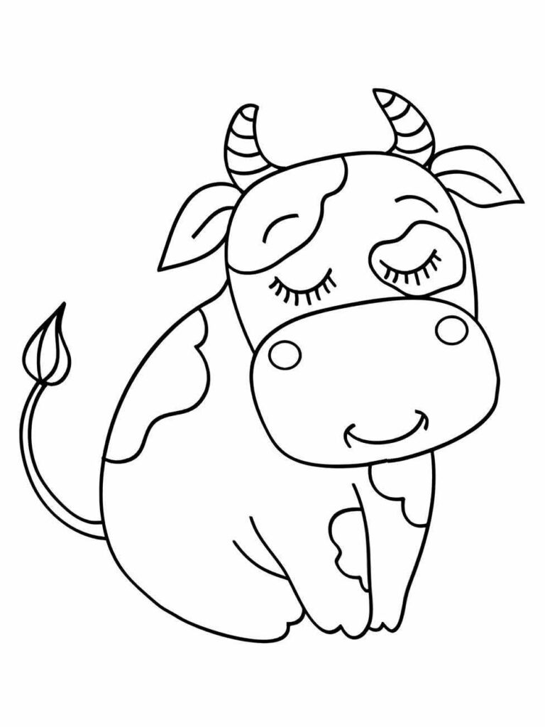 Desenho de uma vaca sorridente para colorir, com olhos fechados.