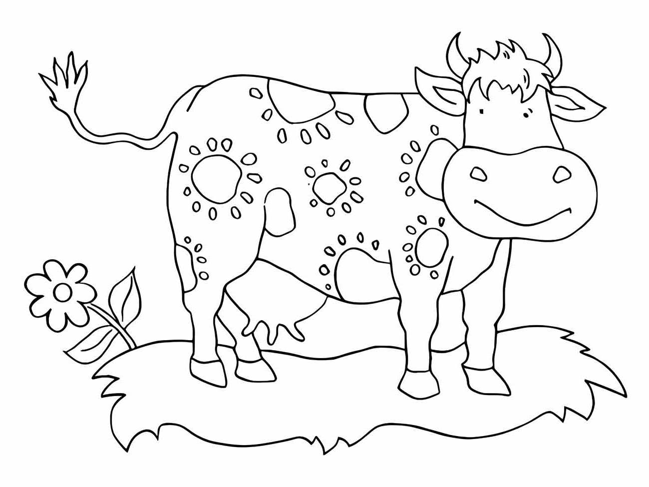 Desenho para colorir de uma vaca com manchas e uma flor ao lado.