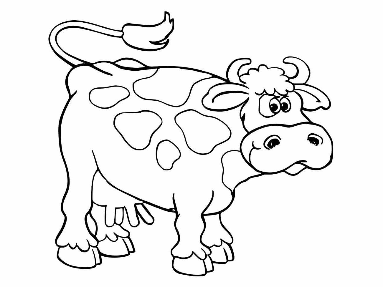 Desenho para colorir de uma vaca fofa com manchas grandes e um rabo encaracolado.