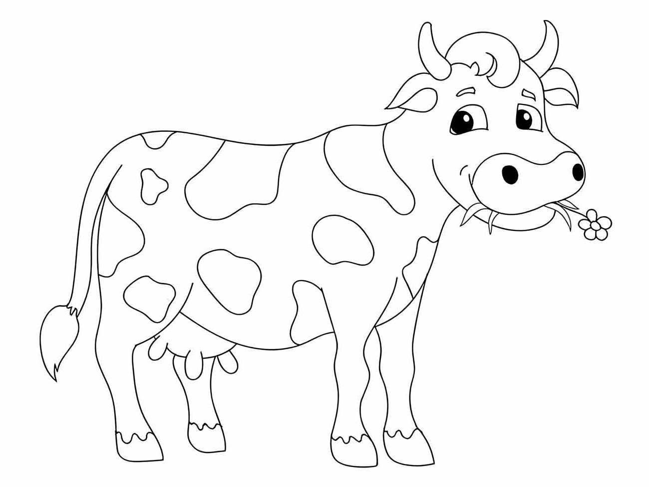 Desenho para colorir de uma vaca contente mastigando flores com manchas grandes e chifres curvados.