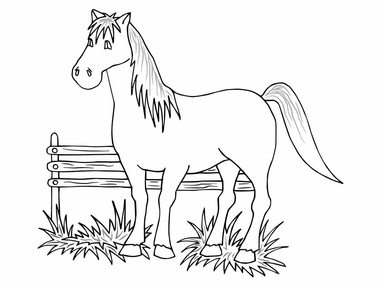 Imagem de um cavalo para desenhar, parado ao lado de uma cerca de madeira, com detalhes de crina e cauda.