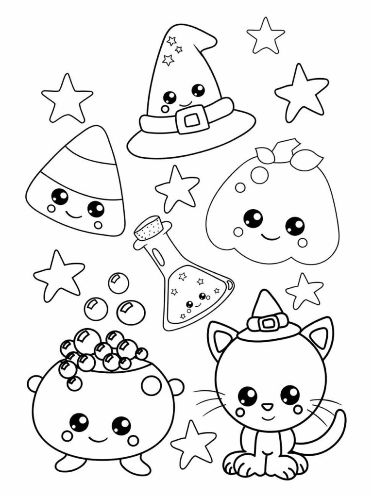 Desenho de alimentos kawaii para desenhar, com temas festivos, incluindo um gato, entre estrelas e bolhas.