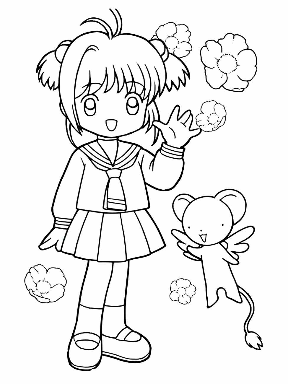 Desenho para desenhar da Sakura Kinomoto de "Cardcaptor Sakura", sorrindo com uniforme escolar e um pequeno companheiro alado.