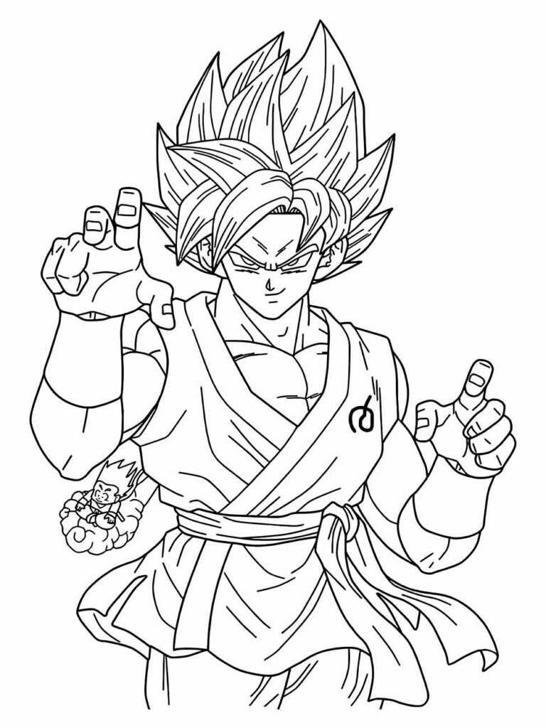 Desenho para desenhar do Goku de "Dragon Ball", em pose de luta com o uniforme clássico e cabelo espetado Super Saiyajin.