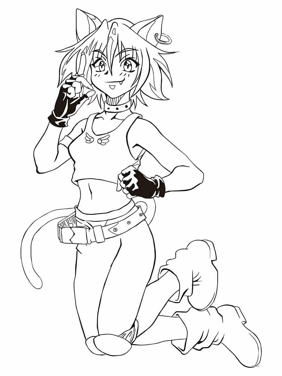 Desenho para desenhar de uma jovem cat girl animada, com orelhas de gato e cauda.