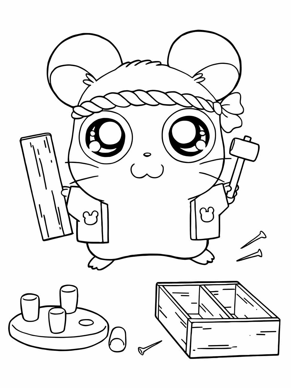 Desenho para desenhar de Hamtaro com uma faixa na cabeça, segurando um pedaço de madeira e um prego, com materiais de construção ao lado.