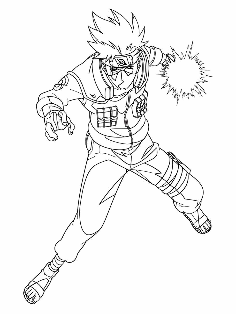 Desenho para desenhar de Hatake Kakashi de "Naruto", em pose de combate com uma kunai na mão e seu típico Sharingan exposto.