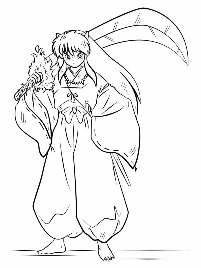 Desenho para desenhar de Inuyasha de "InuYasha", com uma expressão séria, segurando a Tessaiga e com suas orelhas de cachorro visíveis.