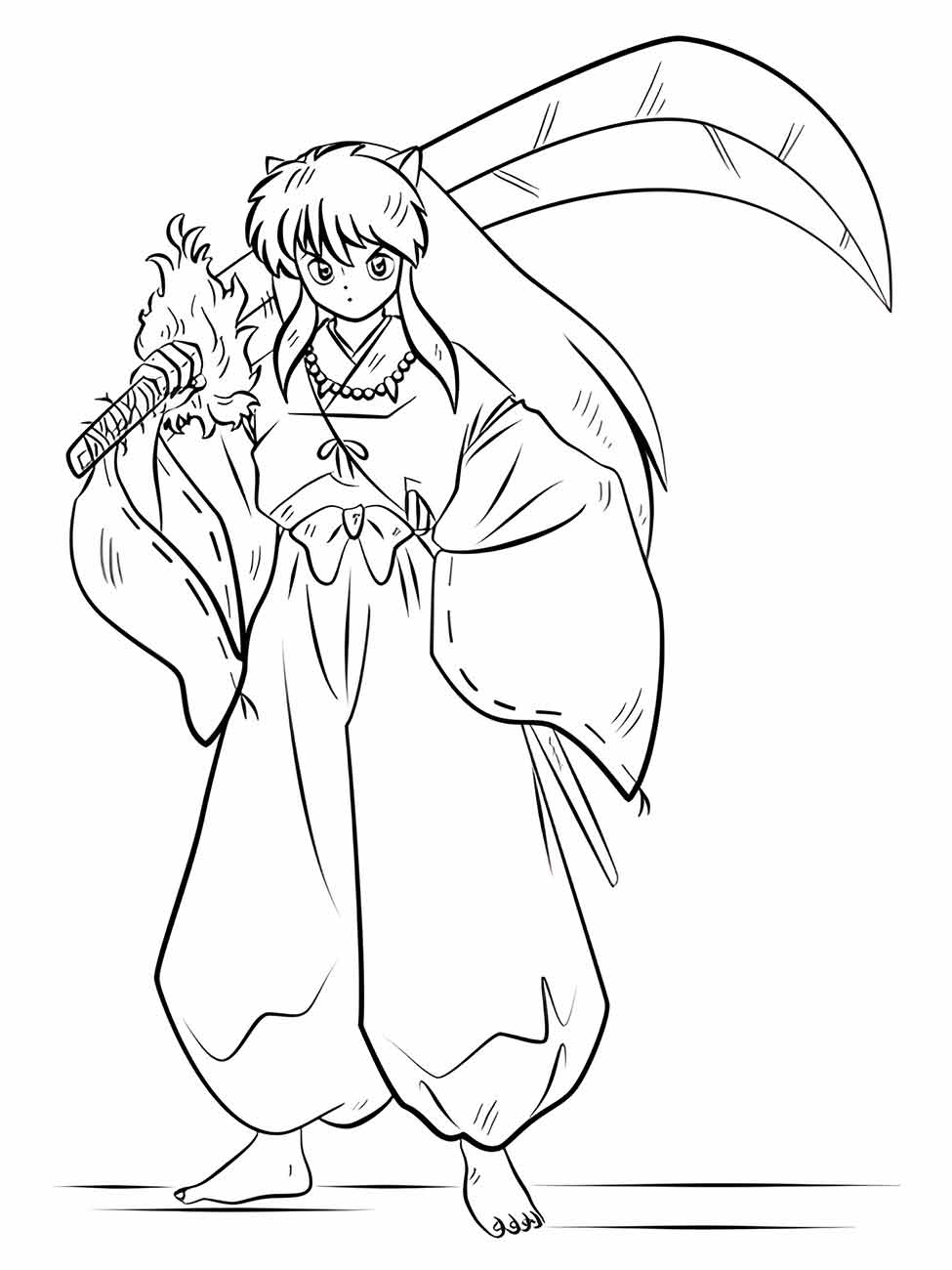 Desenho para desenhar de Inuyasha de "InuYasha", com uma expressão séria, segurando a Tessaiga e com suas orelhas de cachorro visíveis.