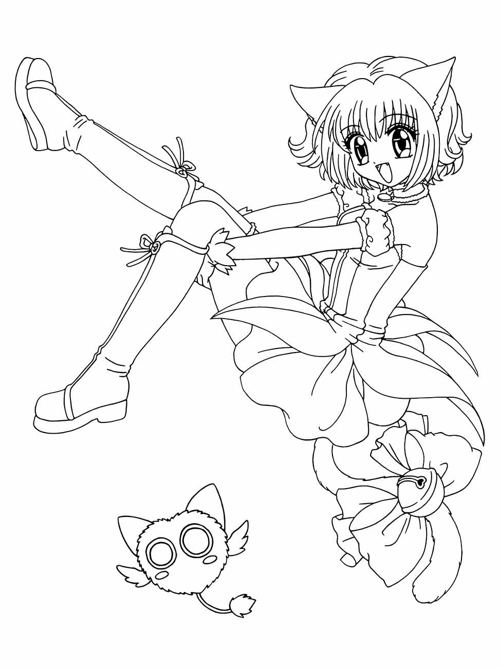 Desenho para desenhar de uma garota anime com traços felinos, sentada com uma pose alegre e cercada por detalhes florais e um gatinho.