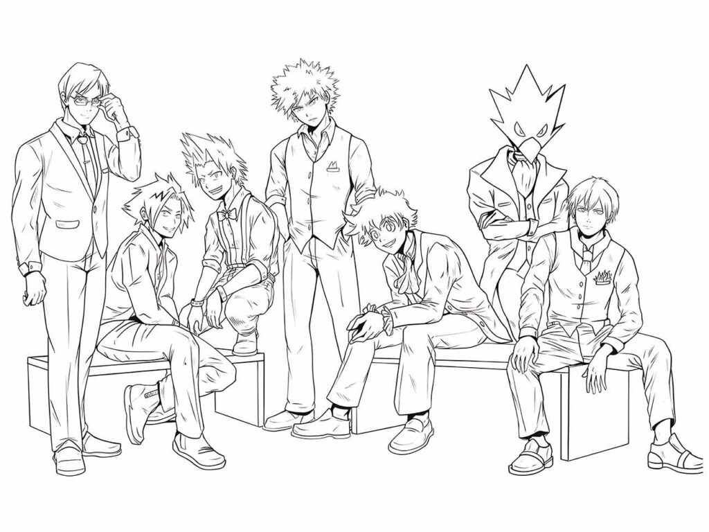 Desenho para desenhar de personagens de "My Hero Academia" sentados em diferentes poses, com trajes de heróis escolares.