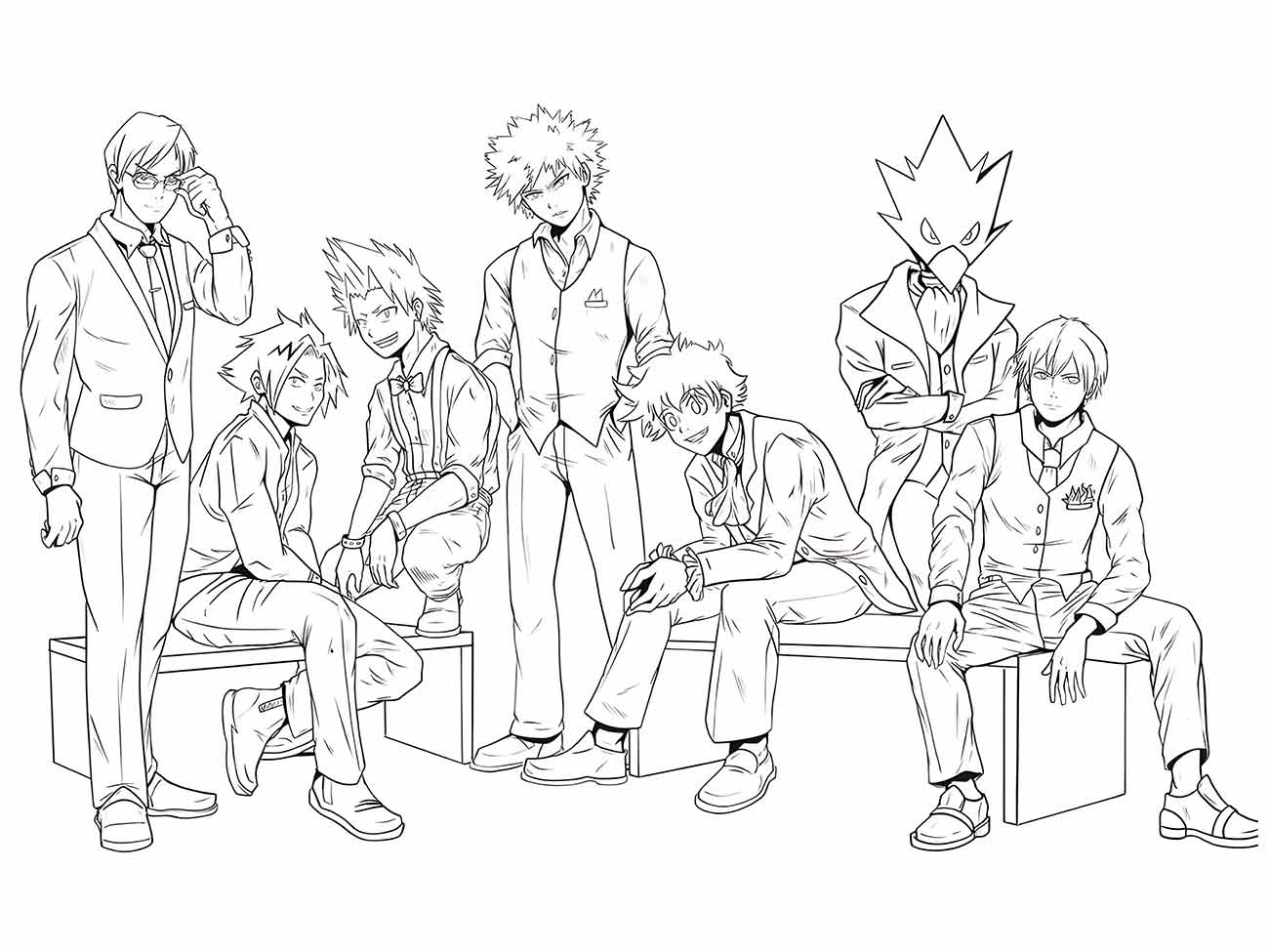 Desenho para desenhar de personagens de "My Hero Academia" sentados em diferentes poses, com trajes de heróis escolares.