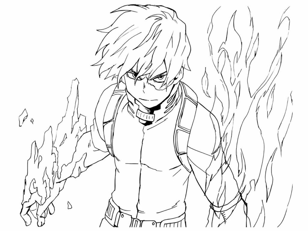 Desenho para desenhar de Shoto Todoroki de "My Hero Academia", com seu lado direito coberto por gelo e o esquerdo emitindo chamas.